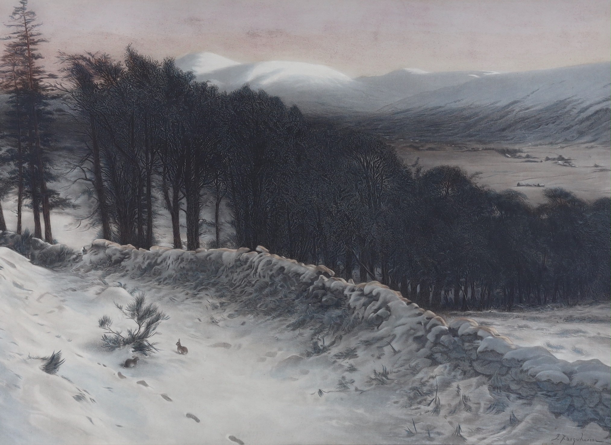 After Joseph Farquharson, coloured engraving, Winter landscape, 55 x 78cm